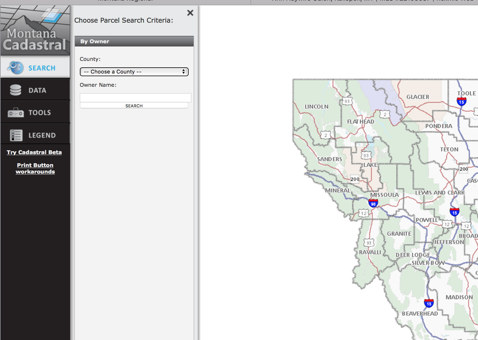 Where can I get information about a Montana property? screenshot of cadastral site.