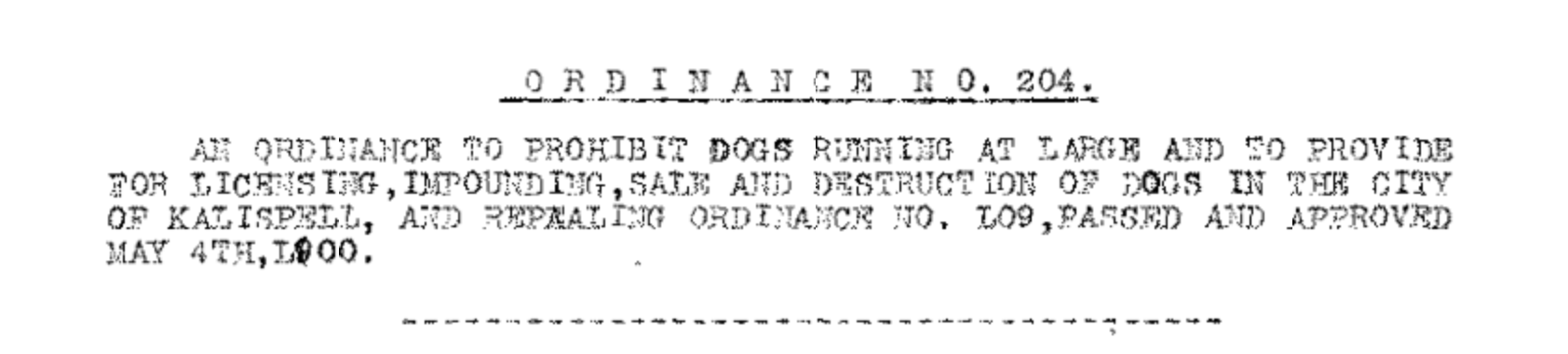 1909 Kalispell Ordinance: Dog Regulations photo of ordinance header